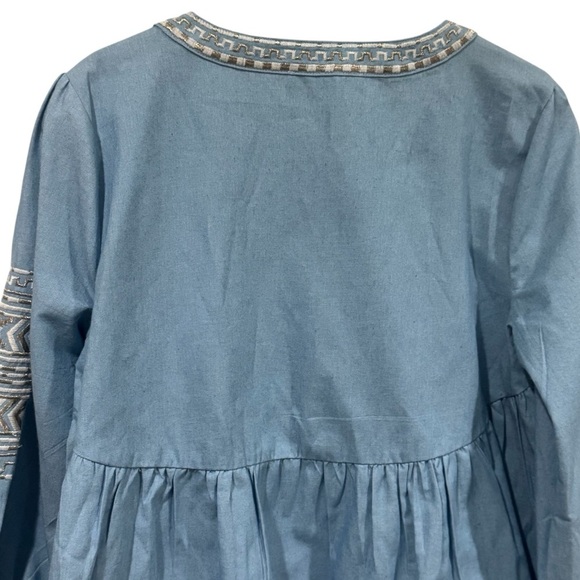 NWOT Andree by Unit Baby Blue Aztec Embroidered Babydoll Peasant Blouse Size S/M - Picture 6 of 10